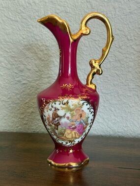 Limoges France Victorian Hand-Painted Magenta Pitcher Vase 6 inch Pristine